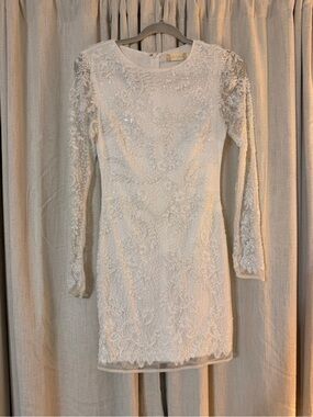 Altar'd State Ivory Beaded Lace Long-Sleeve Mini Dress